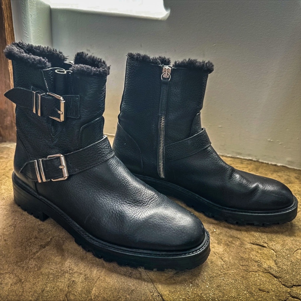 Zara Black Leather Moto Boots with Fur Trim